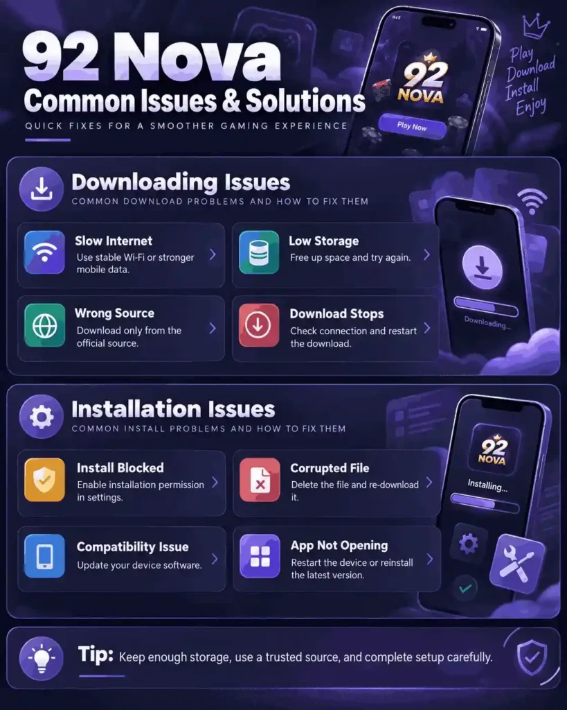 92 Nova Game common app issues and solutions showing download problems, installation errors, and quick troubleshooting steps