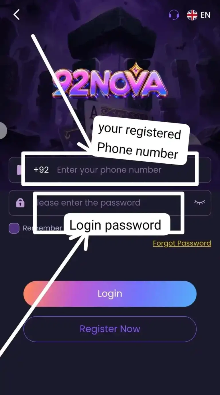 92 Nova login screen showing users entering account details to access the app dashboard