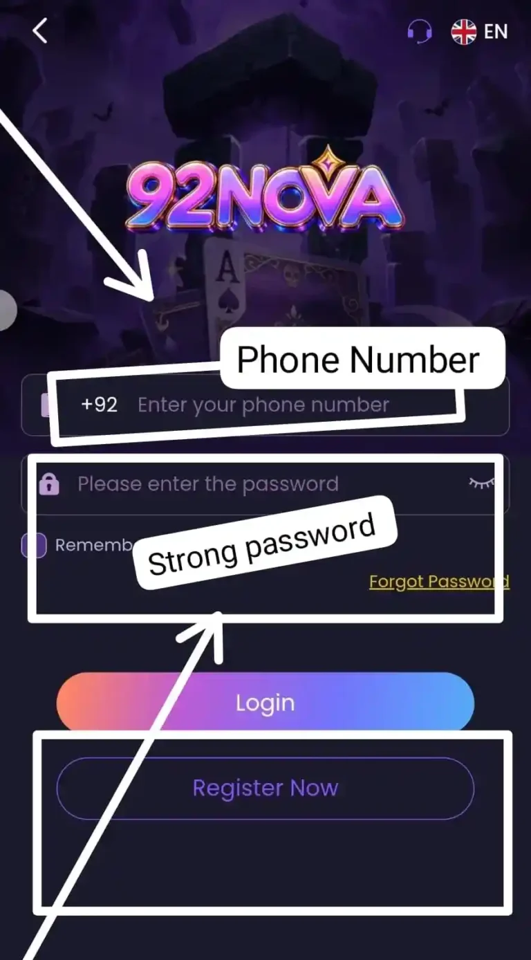 92 Nova registration screen showing account creation steps with mobile number, password, and verification details